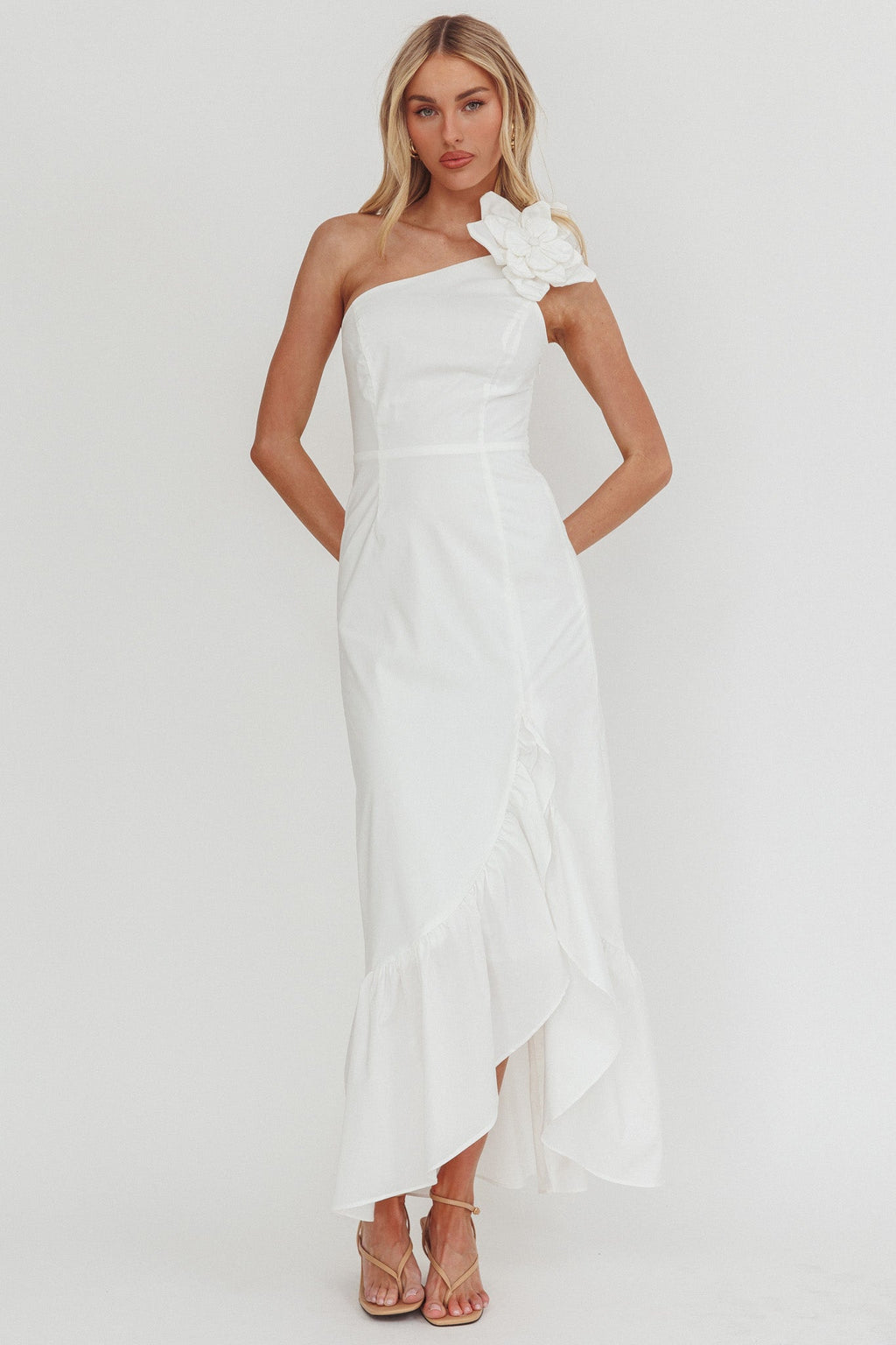 Dena One-Shoulder Frill Hem Maxi Dress White