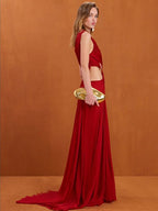 Crimson One-Shoulder Cut-Out Gown