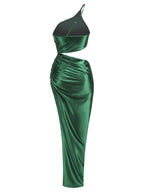 Emerald Satin One-Shoulder Cutout Gown