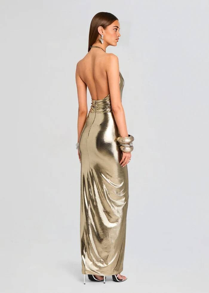 Metallic Champagne Gold Halter Backless Twist-Ruched Mermaid Gown