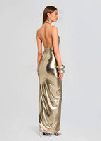 Metallic Champagne Gold Halter Backless Twist-Ruched Mermaid Gown