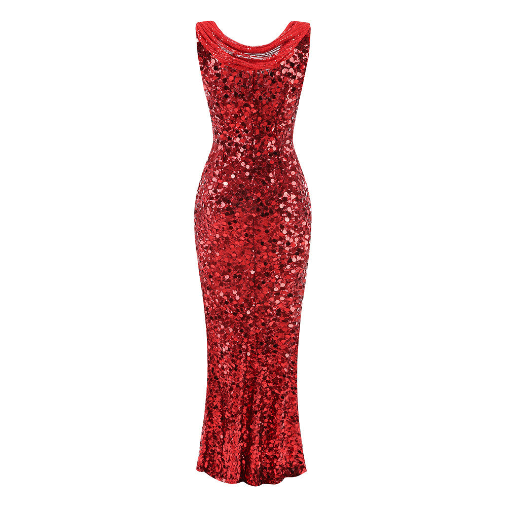 Crimson Sequin Cowl-Neck Gown