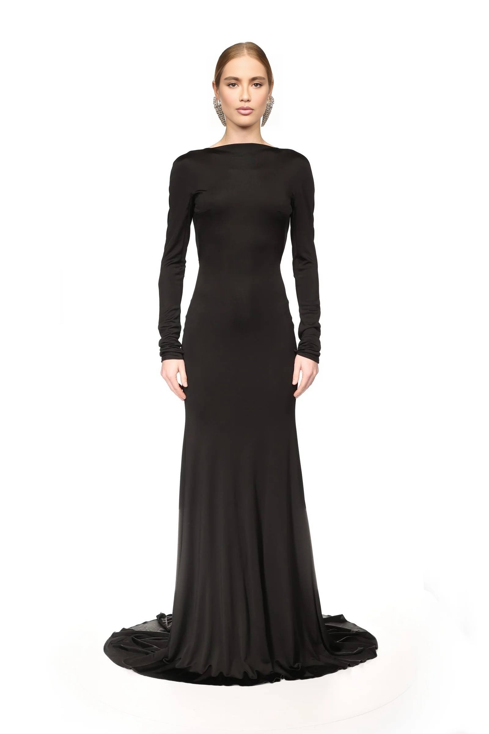 Black Long-Sleeve Deep V Back Mermaid Gown