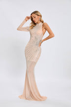 One-Shoulder High-Neck Sequin Mermaid Gown