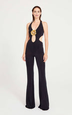 Black Halter Neck Cutout Wide-Leg Jumpsuit with Gold Rose Embellishment