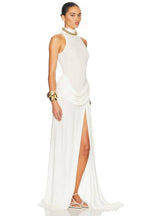 White Halter Neck Draped Waist Train Gown
