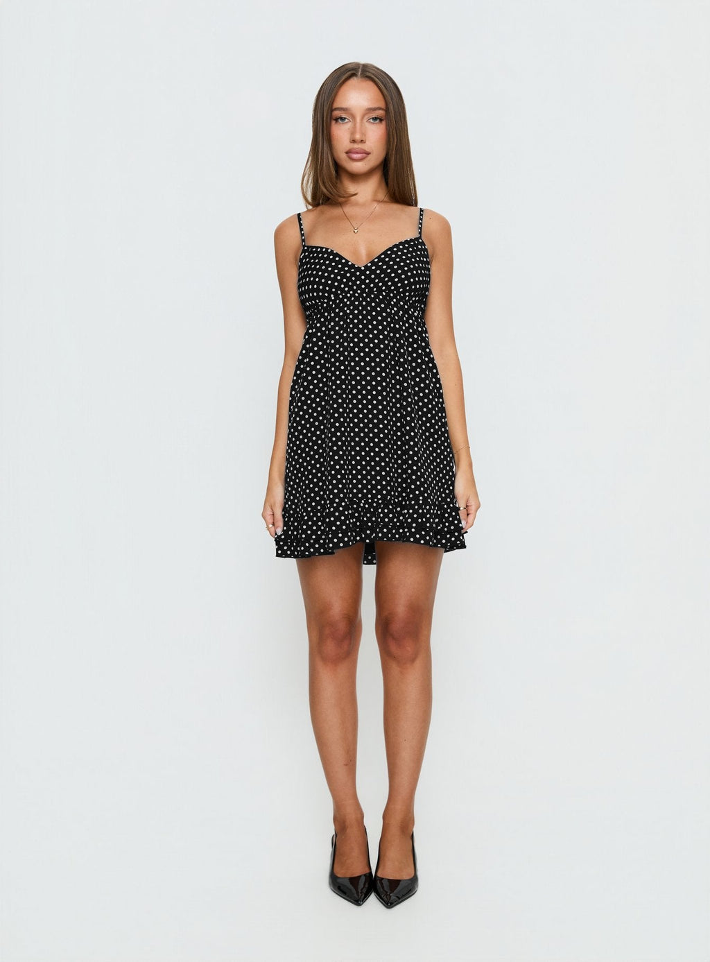 Casee V Neck Frill Mini Dress Black Polka Dot