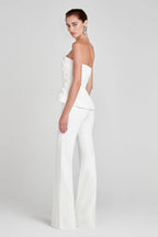 White Textured Rose Strapless Peplum Top & Wide-Leg Pants Set