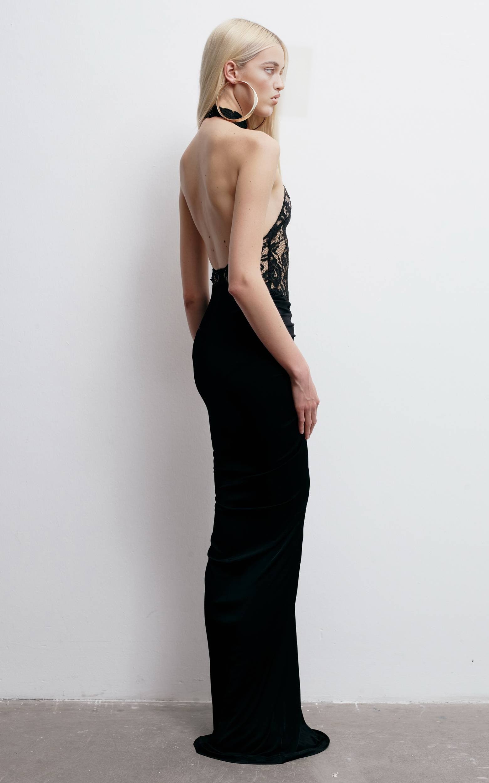 Black Lace Halter Velvet Gown