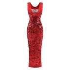 Crimson Sequin Cowl-Neck Gown