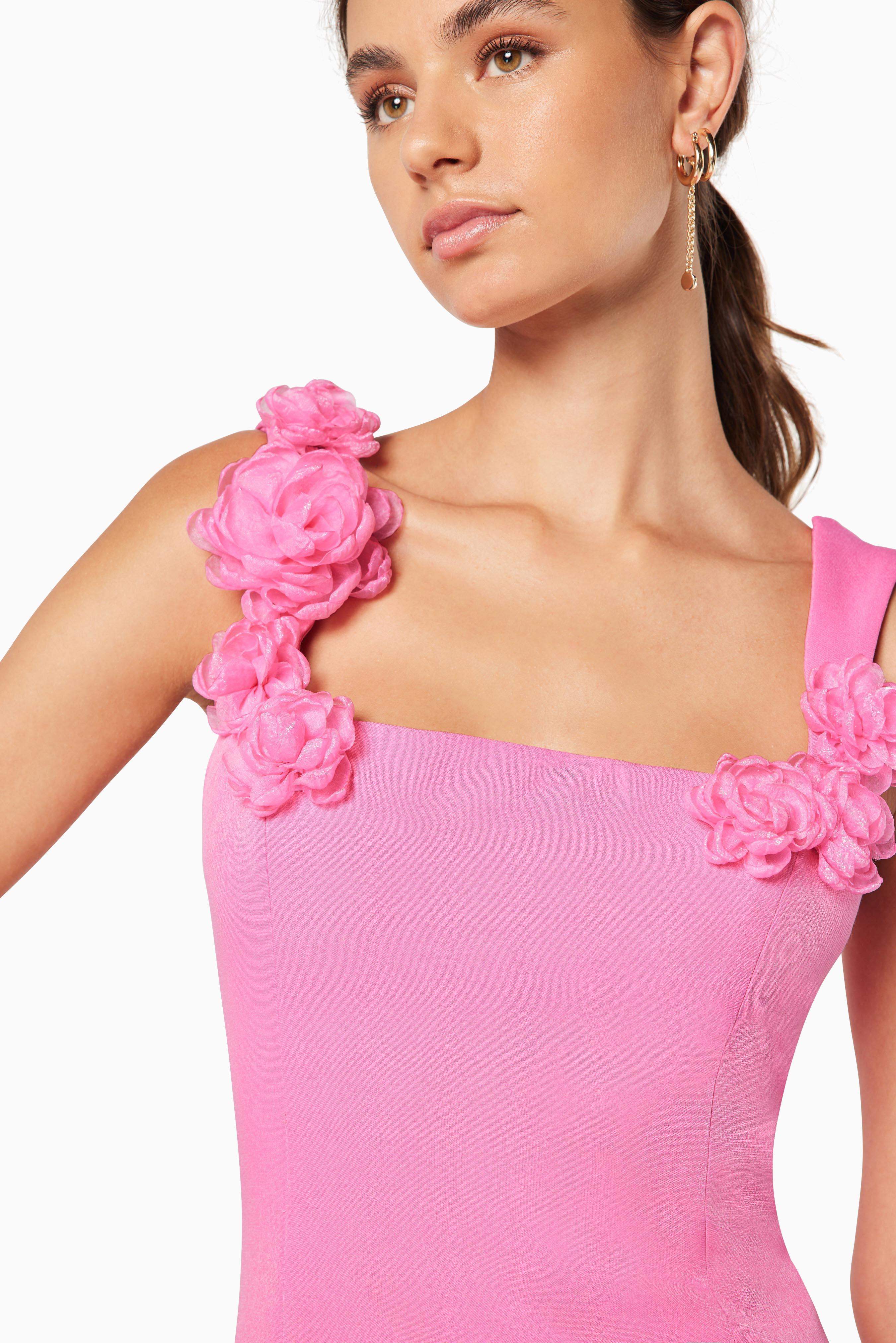 Pink 3D floral square-neck mini dress