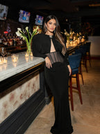 Black Puff-Sleeve Cutout Mesh-Corset Maxi Gown