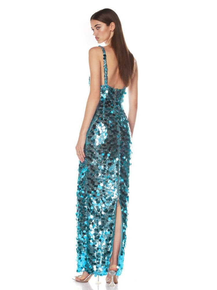 Aquamarine Sequin V-Neck Backless Maxi Gown