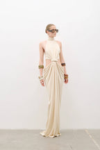 Cream Halter Cutout Ruched Maxi Gown