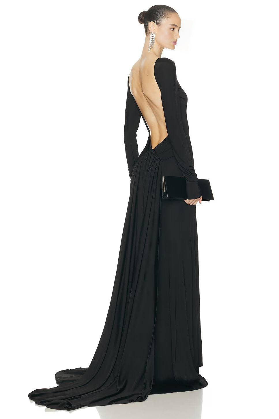 Black Long-Sleeve Deep V Back Mermaid Gown