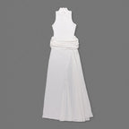 White Halter Neck Draped Waist Train Gown