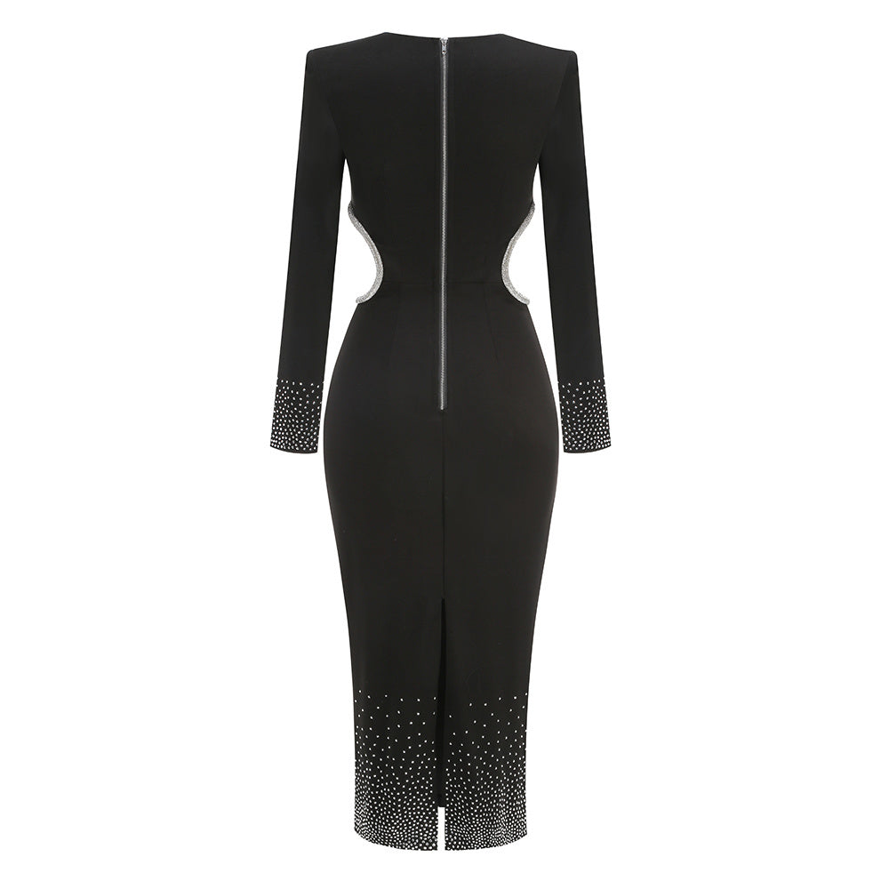 Black Long-Sleeve Rhinestone Midi Dress
