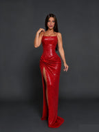 Luxury Red Sequin Spaghetti Strap Twist Front Slit Evening Gown