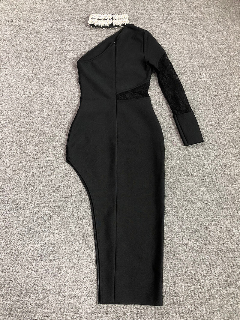 Black One-Shoulder Lace Midi Dress