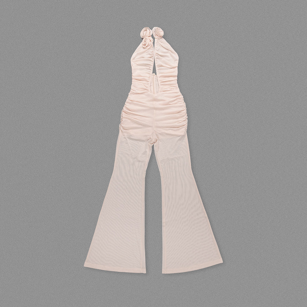 Ruched Cutout Halter Jumpsuit with 3D Rose Embellishment & Sheer Wide-Leg Pants