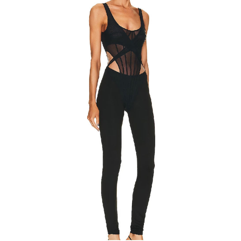 Black Sheer Mesh Corset-Style Skinny Jumpsuit with Cutout Sides