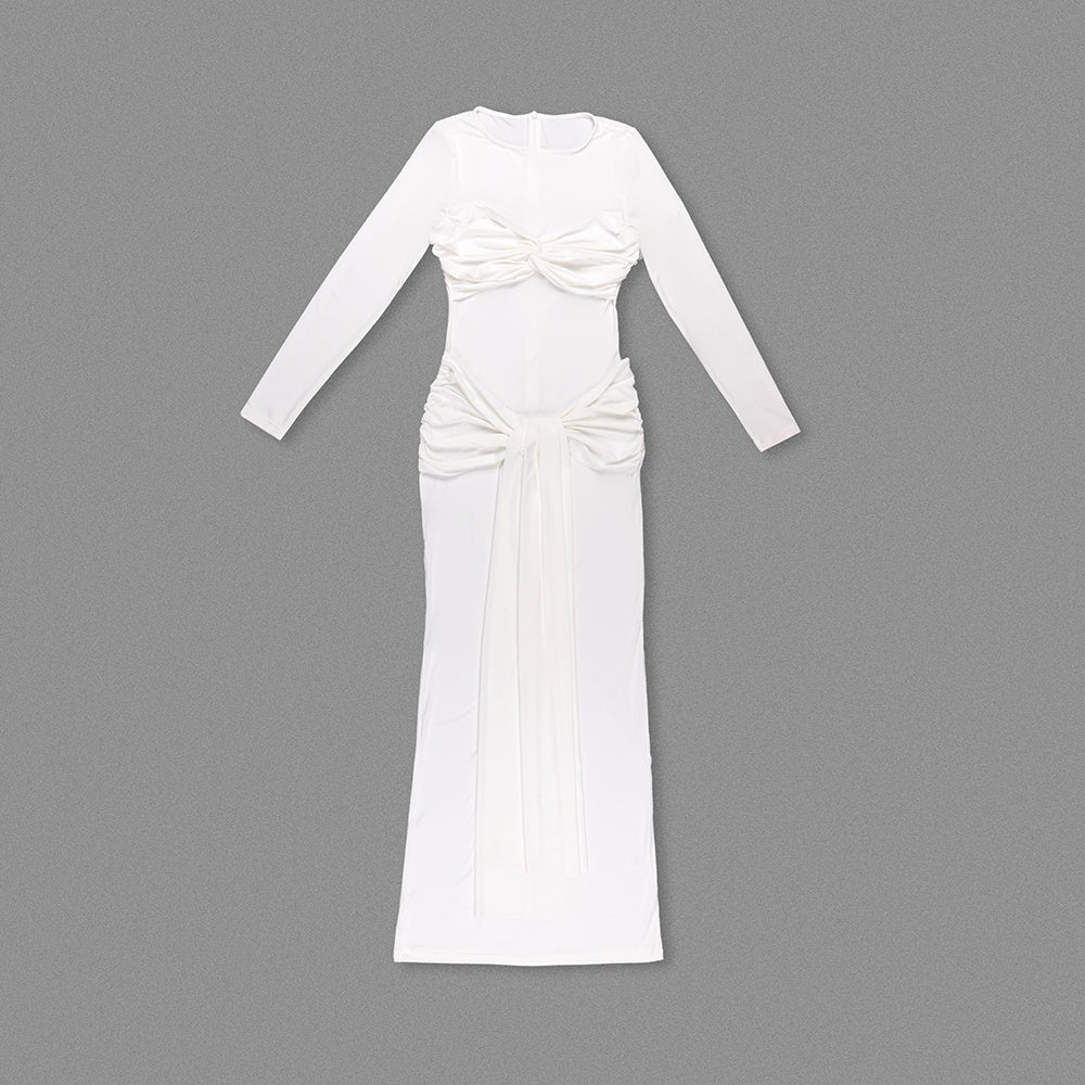 Long-Sleeve Ruched Bow Gown