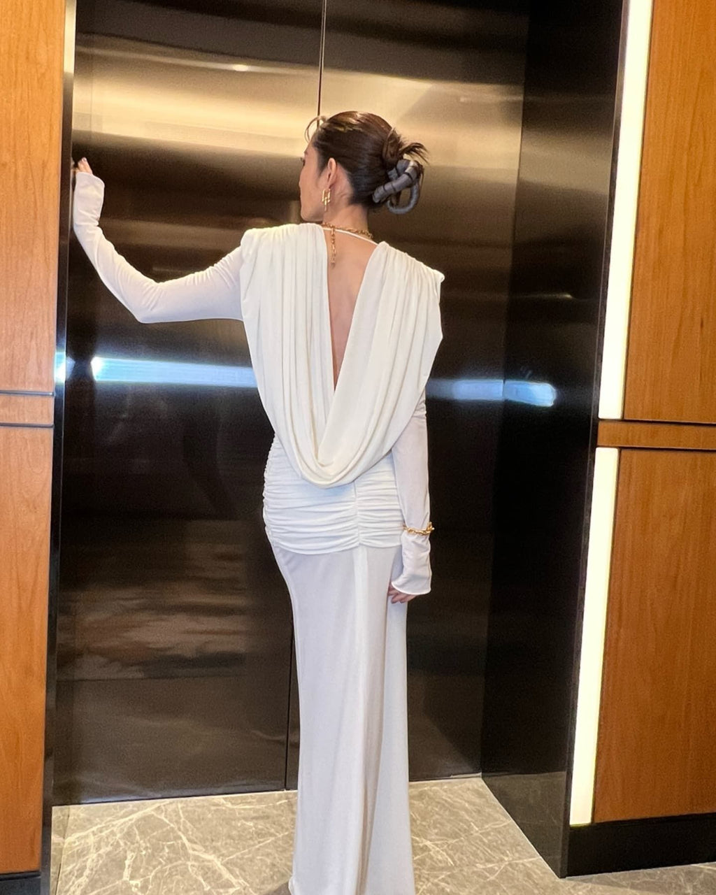 White Draped Cowl-Neck Mermaid Gown