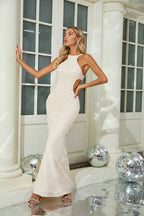 Ivory Halter Neck Pearl-Embellished Mermaid Gown