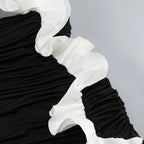 Black Satin A-Line Evening Gown with Sequin V-Neck & Chapel Train