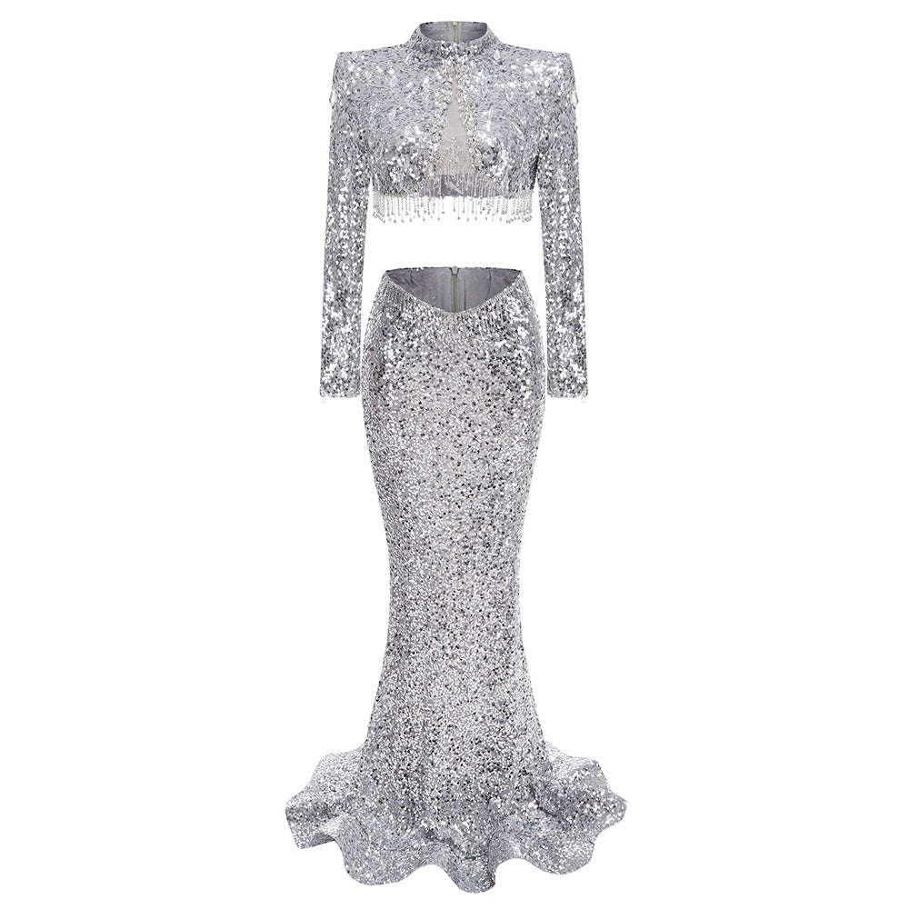 Silver Sequin Two-Piece Mermaid Gown
