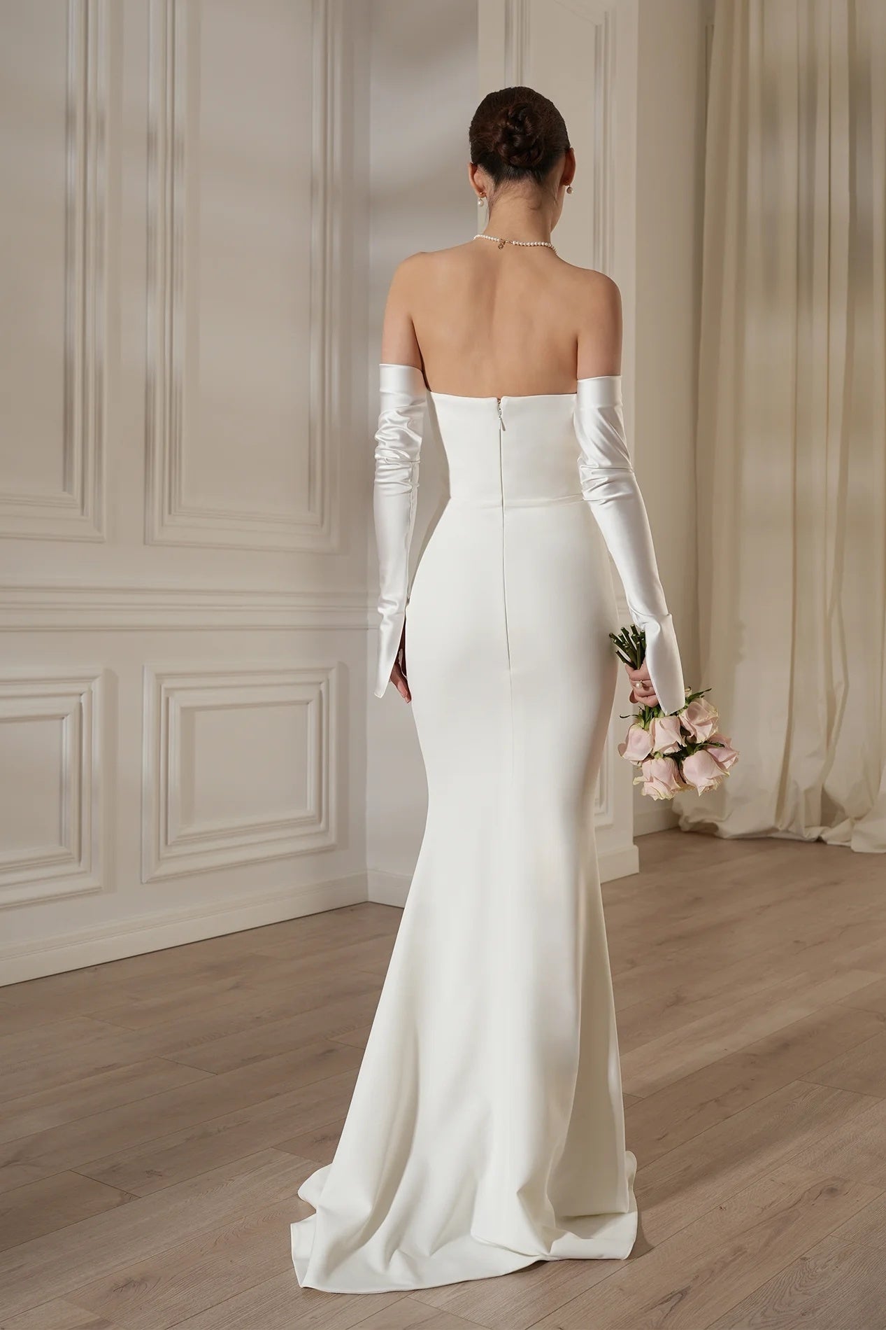 Ivory Satin Off-Shoulder Mermaid Wedding Gown