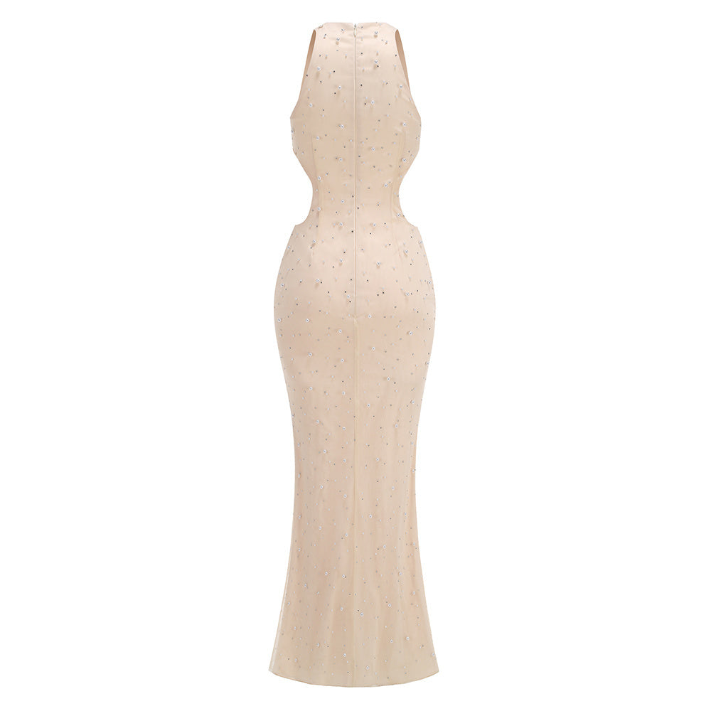 Ivory Halter Neck Pearl-Embellished Mermaid Gown