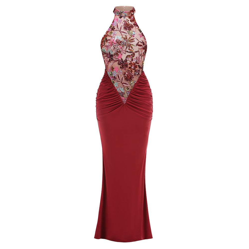 Teal/Pink/Red Halter Neck Floral Sequin Gown