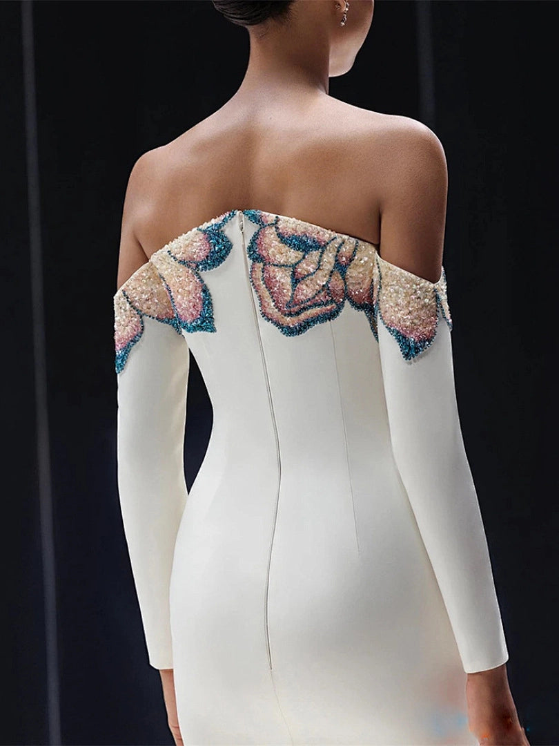 Navy Blue Satin Mermaid Evening Gown with Beaded Detailing