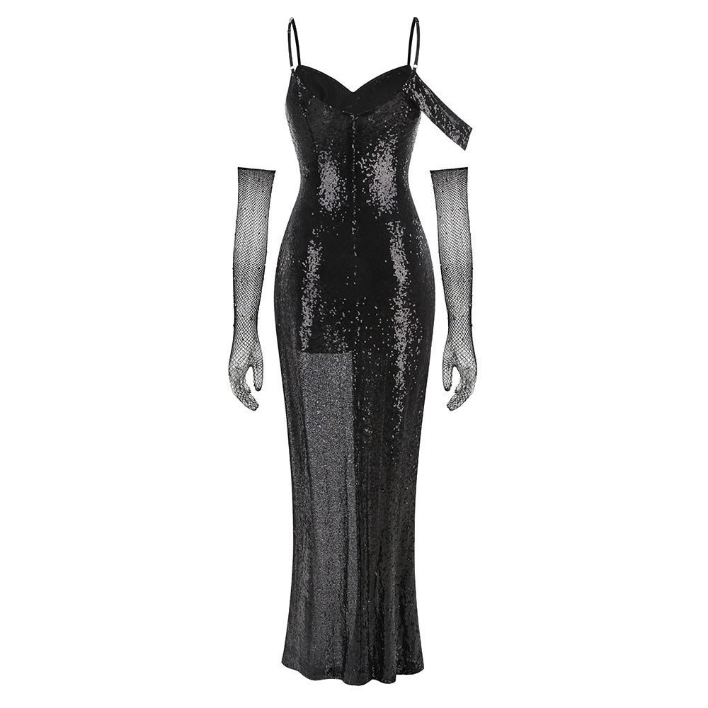 Black Sequin Cold-Shoulder Gown with Fishnet Gloves