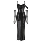 Black Sequin Cold-Shoulder Gown with Fishnet Gloves