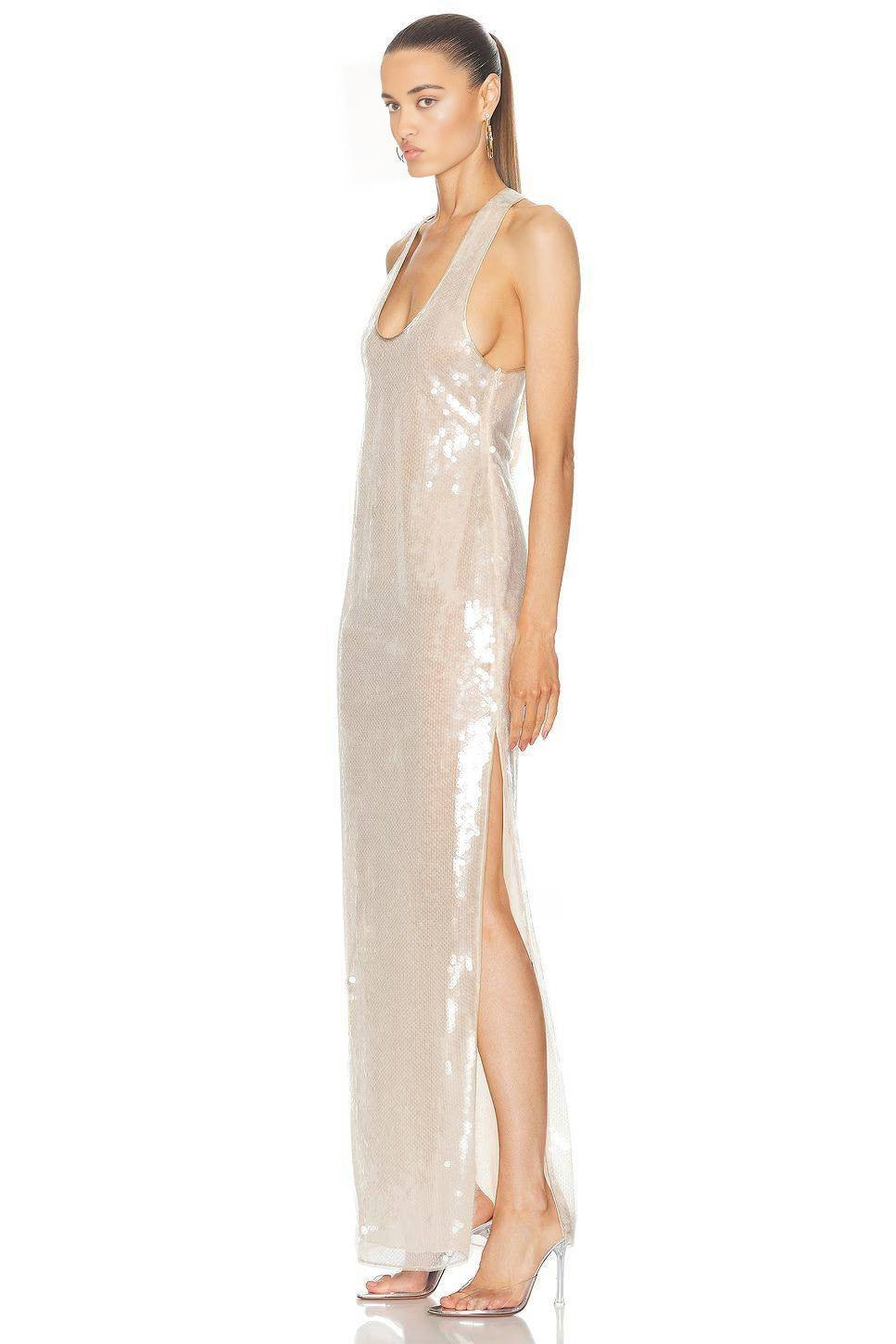 Champagne Sequin Halter Maxi Gown