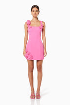 Pink 3D floral square-neck mini dress