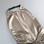 Metallic Champagne Gold Halter Backless Twist-Ruched Mermaid Gown