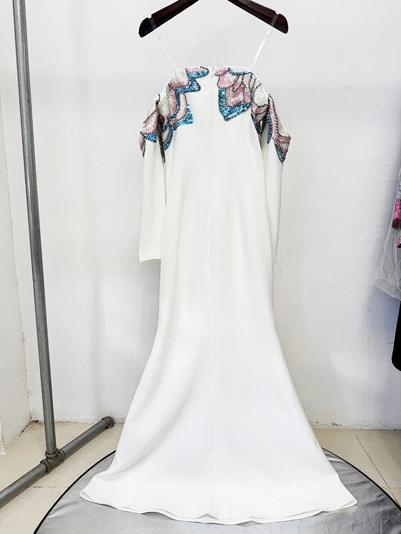 Navy Blue Satin Mermaid Evening Gown with Beaded Detailing