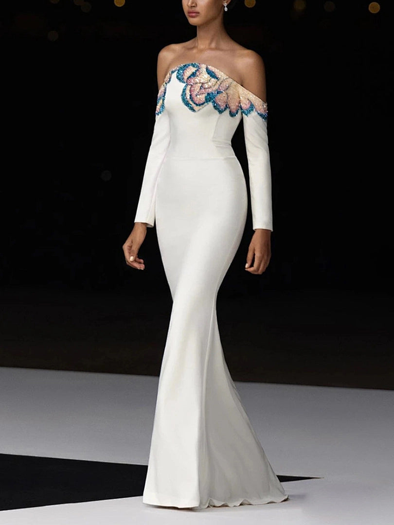 Navy Blue Satin Mermaid Evening Gown with Beaded Detailing