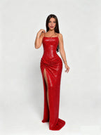 Luxury Red Sequin Spaghetti Strap Twist Front Slit Evening Gown