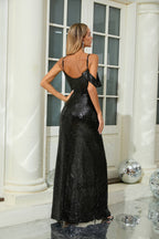 Black Sequin Cold-Shoulder Gown with Fishnet Gloves