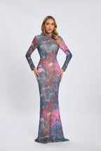 Cosmic Print Long-Sleeve Gown with Tulle Veil