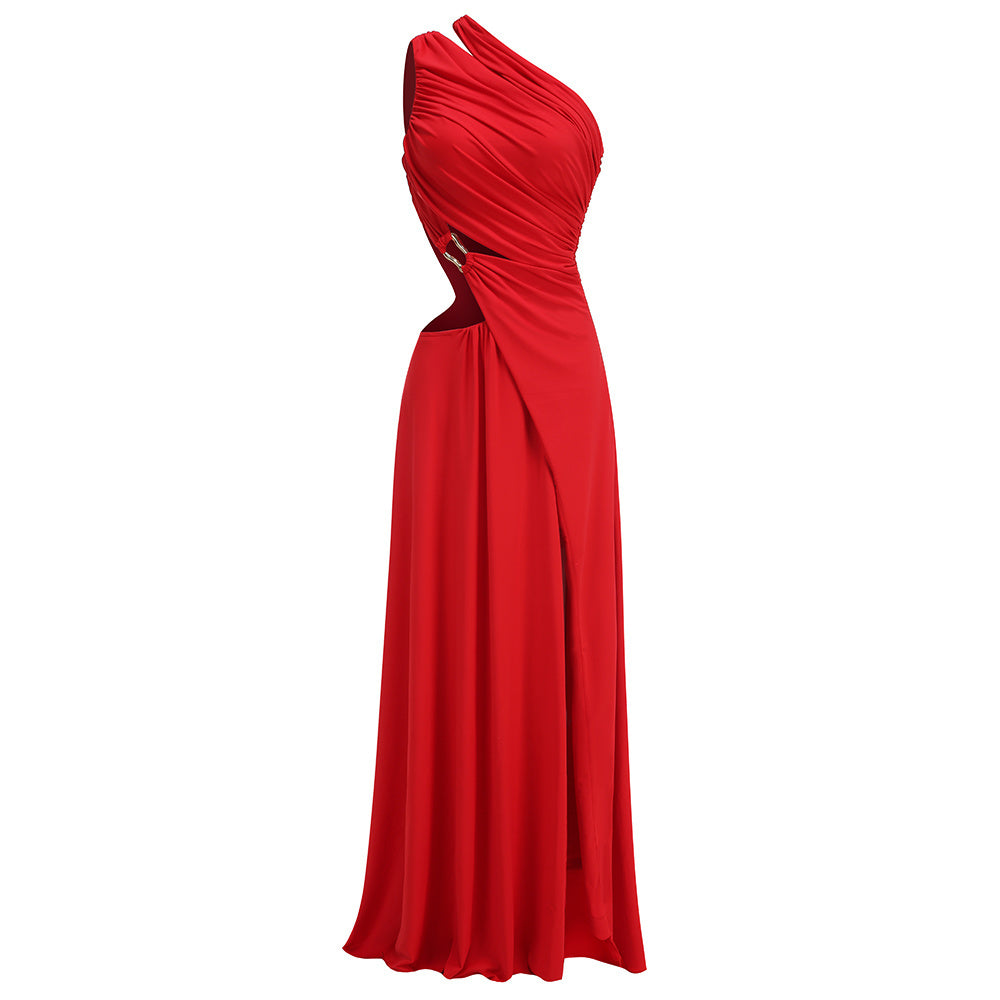 Crimson One-Shoulder Cut-Out Gown