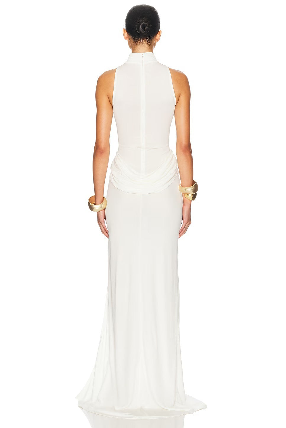 White Halter Neck Draped Waist Train Gown