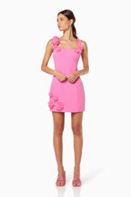 Pink 3D floral square-neck mini dress