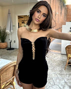 Black Velvet Corset-Style Three-Piece Set with Gold Ring Hardware (Top + Shorts + Gloves)