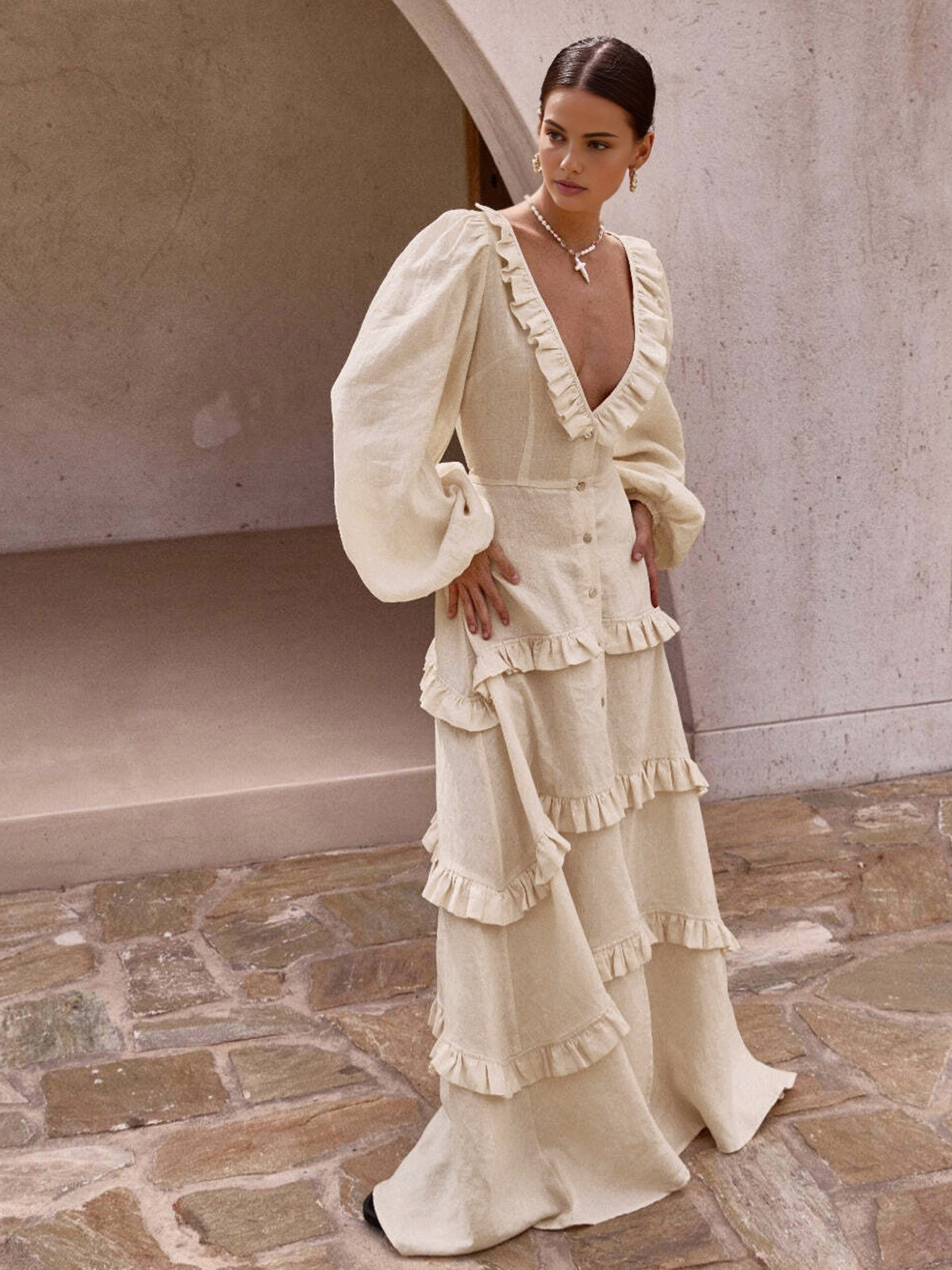 Cotton & Linen Semi-Sheer Ruffle Trim Long Dress