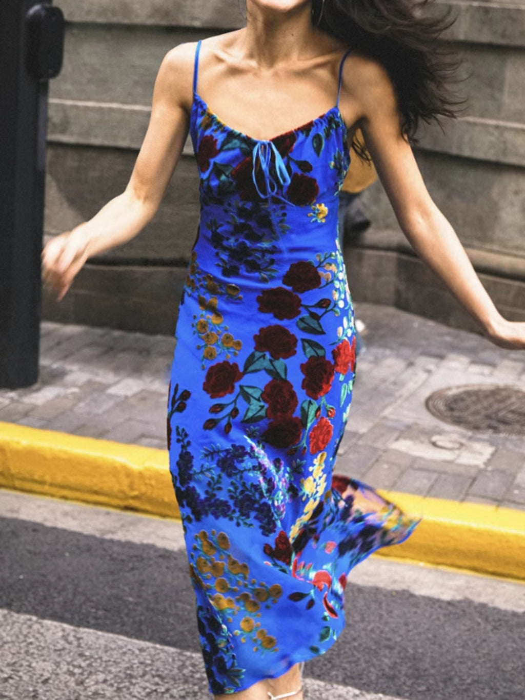 Velvet Floral Appliqué Cami Dress